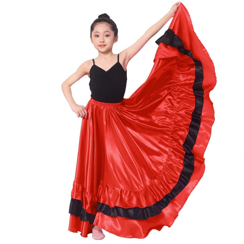Backgarden 26" Black Red Layers Satin Long Skirt for Spanish Flamenco Belly Dance Gypsy Folklorico Performance Halloween Costume - Image 2